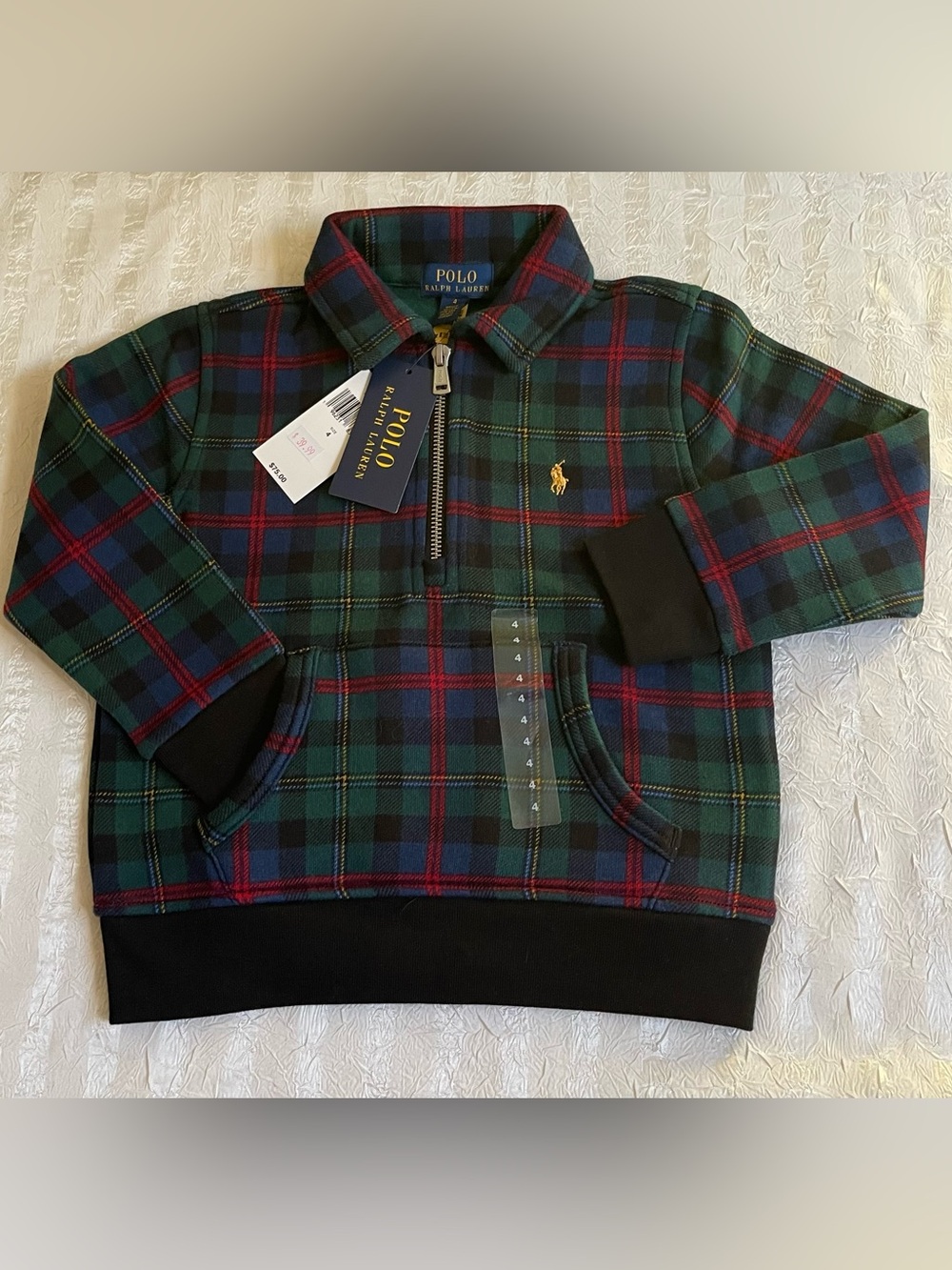 Ralph Lauren Green Navy Plaid Half‑Zip Sweater with Black Trim Kid Sz 4